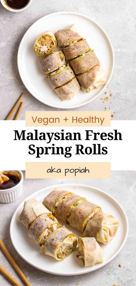 This tasty spring rolls recipe, or popiah, is a really popular Malaysian delicacy. Filled with cooked veggies and tofu, they are fresh, flavorsome and tasty. They are also simple and easy to make, too! Spring Roll Tofu, Popiah Recipe, Homemade Spring Rolls Vegetables, Spring Roll Recipe Tofu, Thai Veggie Spring Rolls, Vegetable Spring Roll Recipe Rice Paper, Peanut Salad, Spring Roll Wrappers, Fresh Spring Rolls