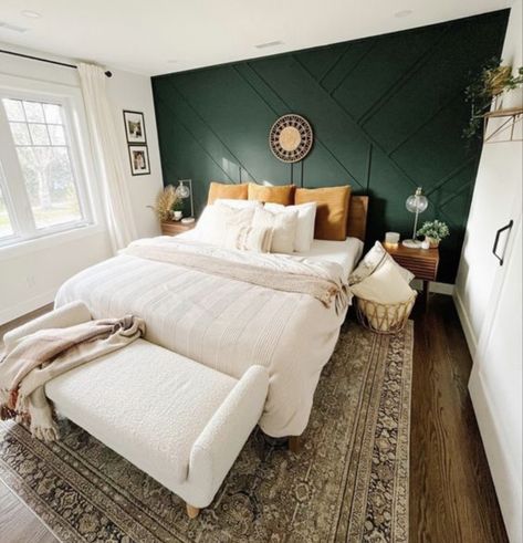 Number 2! Go to TikTok and Cast your vote @ jaymiesmith1112! Bedroom Green And Gold Decor, Green Wall White Bed, Master Bed Color Ideas, Master Bedrooms Decor Emerald Green, Painting An Accent Wall Master Bedrooms, Emerald Green And Copper Bedroom, Dark Green Wall Master Bed, Master Bedrooms Decor Dark Green, Master Room Accent Wall Ideas