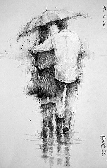 Sketches Of Feelings, Rainy Drawing, Rainy Day Sketch, Draw With Pencil, Rainy Day Drawing, Drawing Feelings, Stylo Art, Andre Kohn, Couple Drawing