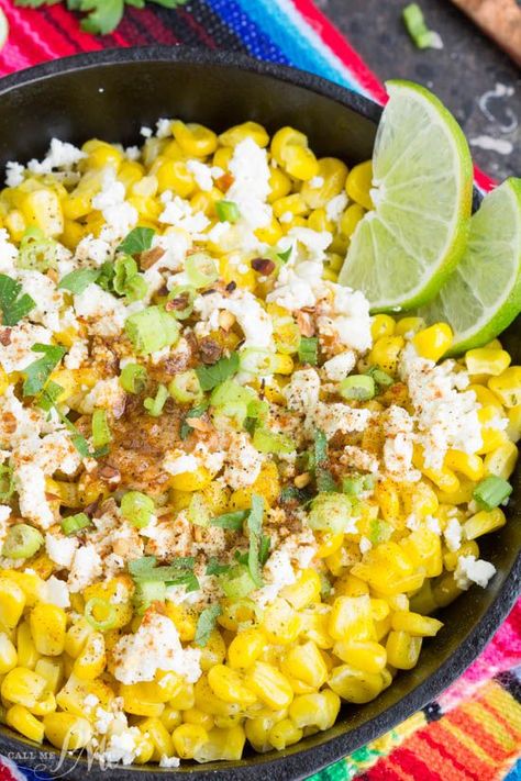 Skillet Mexican Street Corn Recipe is corn off the cobb served Mexican style it's smothered with a creamy spread and topped with feta cheese, cilantro, and green onions. Skillet Mexican Street Corn, Mexican Street Corn Recipe, Street Corn Recipe, Mexican Corn Salad, Chili Relleno, Mexican Street Corn Salad, Corn Salad Recipes, Mexican Corn, Corn Recipe