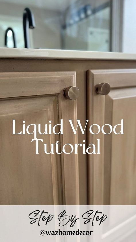 MICHELLE | Neutral Modern Home | Staining HACK!!! Here’s a liquid wood tutorial 🤩. Can you believe I didn’t sand these cabinets? And it cost me less than $50 to refinish… | Instagram How To Re Stain Kitchen Cabinets, Stained And Painted Cabinets Mixing, Staining Cupboards Kitchens, Distressed Cabinets Diy, How To Make White Cabinets Look Like Wood, Changing Cabinet Color, Sand Color Furniture, Staining Over White Paint, Oak Bathroom Cabinets Makeover