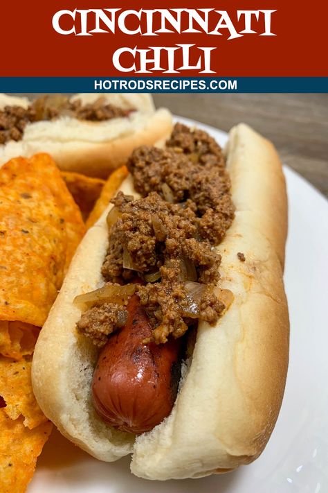 This Classic Cincinnati Chili goes great on Hot Dogs or Pasta. Easy to make and ready in a little under 3 hours. #cincinnatichili #chilirecipes #chilihotdogs #hotrodsrecipes Gourmet Chili Recipe, Easy Hot Dog Chili Recipe, Chili Dog Sauce Recipe, Easy Hot Dog Chili, Hot Dog Chili Sauce Recipe, Gourmet Chili, Chili Dog Sauce, Coney Dogs, Hot Dog Sauce Recipe