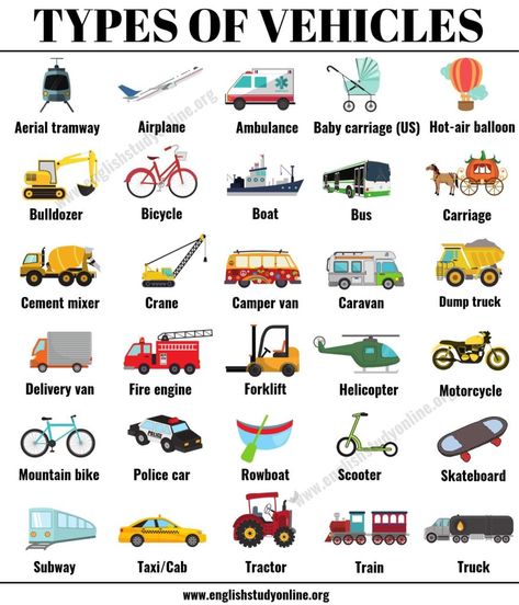 Types Of Vehicles, Learning English For Kids, English Vocab, Kids English, Good Vocabulary, English Language Teaching, English Lessons For Kids, English Writing Skills, Learn English Vocabulary