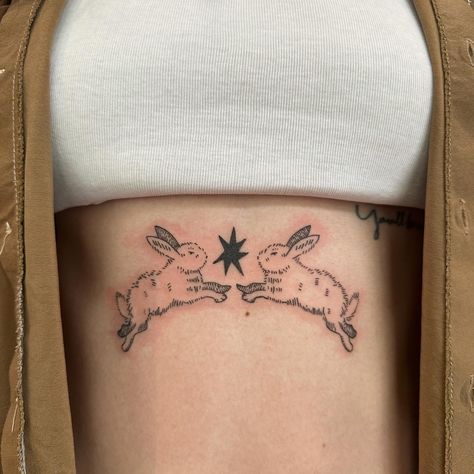 Thank you Jamie!!! 🖤 I’m soooo stoked on this one! This tattoo will live rent free in my head forever n ever 🐇 Sternum Small Tattoo Women, Blackwork Rabbit Tattoo, Animal Collar Bone Tattoo, Two Rabbits Tattoo, Two Bunny Tattoo, Ween Tattoo, Simple Rabbit Tattoo, Fine Line Bunny Tattoo, Star Hip Tattoo