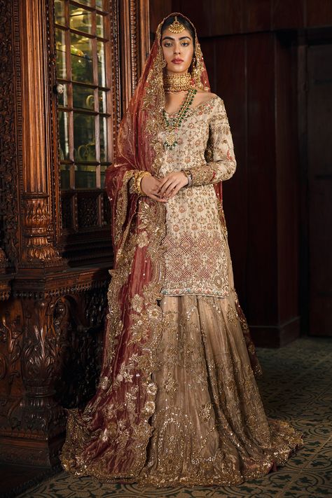 Golden Bridal Lehenga, Angrakha Dress, Bridal Anarkali, Nikkah Dress, Indian Bridal Wear, Pakistani Bridal Dresses, Pakistani Bridal Wear, Pakistani Wedding Dresses, Bridal Dress Design