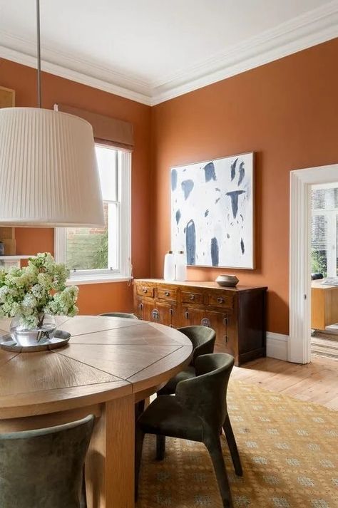 Orange Accent Wall Dining Room, Rust Colored Dining Room, Burnt Orange Dining Room, Dining Room Orange, Orange Dining Room, Dulux Paint, Bathroom Inspiration, Dining Room, Orange