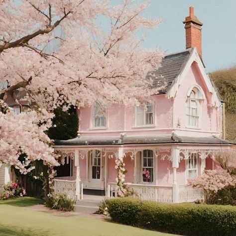 Cottage Core House Aesthetic, Victorian House Aesthetic, Cottage House Aesthetic, Cottagecore Houses, Pink Victorian House, Pink House Exterior, Cottagecore Victorian, Cottage House Exterior, Fairytale Houses