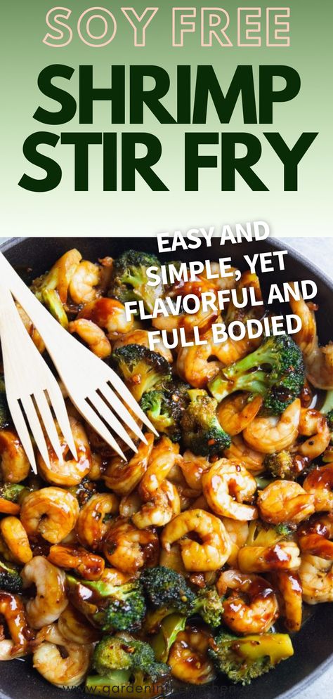 Shrimp and broccoli in a skillet with two small wooden forks Dairy And Soy Free Shrimp Recipes, Whole 30 Shrimp Stir Fry, Dairy And Soy Free Recipes Dinners, Stir Fry Recipes Without Soy Sauce, Gluten Free Shrimp Stir Fry, Soy Free Stir Fry Sauce, Gluten And Dairy Free Shrimp Recipes, Gluten Free Shrimp Recipes For Dinner, Shrimp Recipes Gluten Free Dairy Free