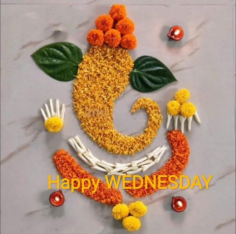 Ganapati Flower Rangoli, Simple Flower Rangoli Ganpati, Rangoli Designs In Flower, Ganesh Rangoli With Flowers, Ganpati Flower Rangoli, Flowers Rangoli Designs Ideas Simple, Rangoli With Flowers And Colours, Ganeshji Rangoli, Ganpati Rangoli Simple