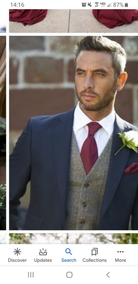 Men in Navy Blue suits/tuxes with burgundy tie and grey/silver/white accents Men In Navy Blue Suits, Navy Blue And Burgundy Suit, Navy And Burgundy Suit, Blue And Burgundy Suit, Navy Blue Suits, Burgundy And Grey Wedding, Navy Blue Suit Wedding, Wedding Suits Men Blue, Navy Blue Groom