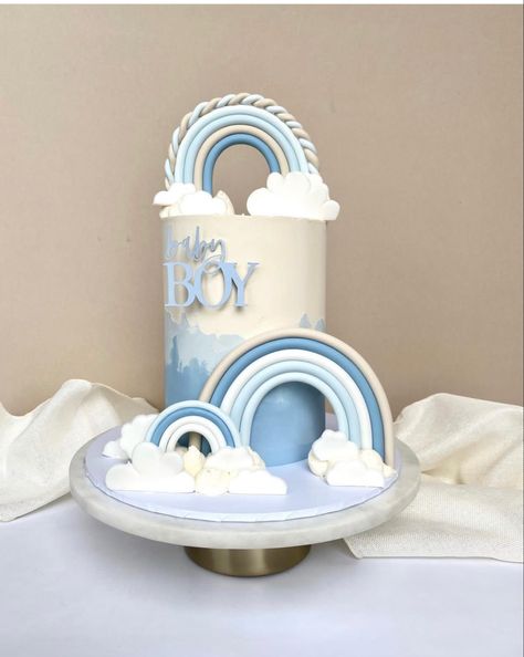 Gender Reveal Cake Rainbow, Pastel Blue Birthday Decorations, Rainbow Baby Shower Ideas For Boys, Blue Rainbow Baby Shower Ideas, Blue Boho Cake, Rainbow Cake For Boys, Boy Rainbow Baby Shower Ideas, Sky Theme Cake, 1 Year Baby Boy Birthday Cake Ideas