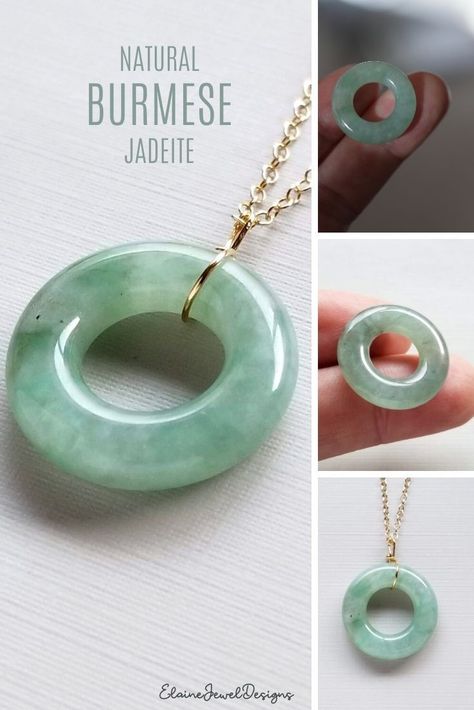 ♥ Premium-quality Untreated jadeite donut pendant ( approx. 23 mm in diameter, thickness: 5.4 mm) ♥ Skin SAFE- Genuine Type A (See Below) natural Burmese jadeite WITHOUT BLEACH, ACID, or DYE; won’t irritate skin or cause other serious long-term health issues. - MADE IN AMERICA 14k gold-filled/sterling silver chain & findings Necklace Formal, Donut Necklace, Donut Pendant, Usa Jewelry, Jade Necklace, Handmade Jewelry Designs, Jade Jewelry, Quartz Necklace, Simple Jewelry