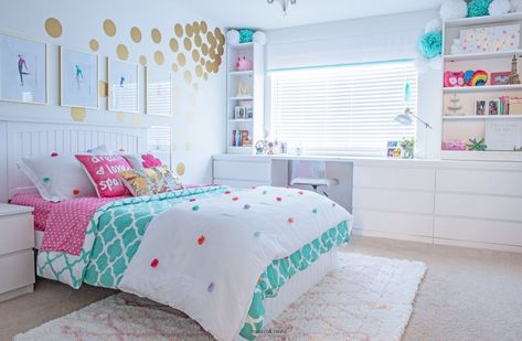 A complete transformation in this teen girl's room that uses white furniture and pops of turquoise, pink and gold. IKEA hack for a built-in look. Girls Bedroom Makeover, Bedroom Unique, Girls Room Design, Girl Bedroom Designs, Teenage Bedroom