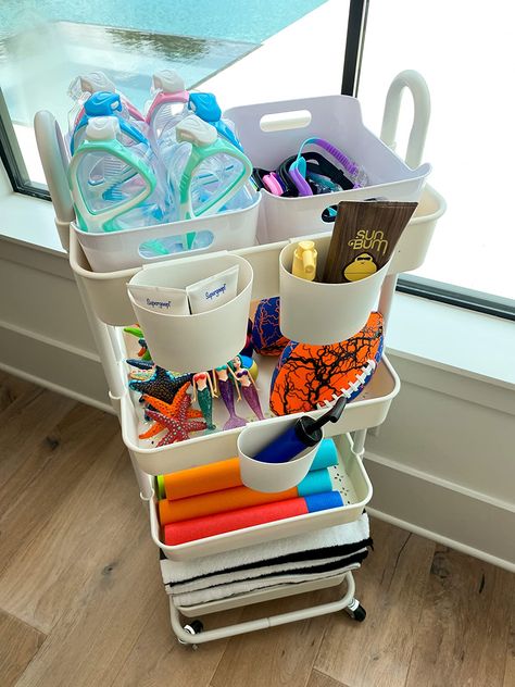 Pool House Cubbies, Outdoor Sunscreen Storage, Pool Deck Organization Storage Ideas, Pool Patio Ideas On A Budget, Changing Area For Pool, Swimming Pool Accessories Ideas, Pool Toy Organization Ideas, Poolside Storage Ideas, Pool Caddy Ideas