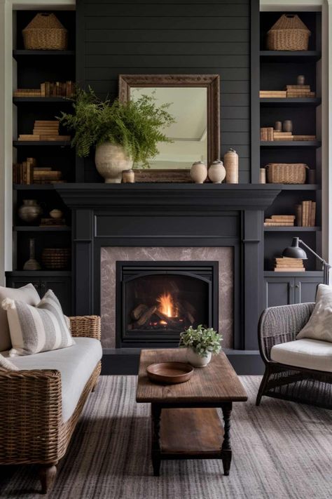 Brick Fireplace Black Mantle, Transitional Fireplace Design, Tv Unit Table, Black Shiplap Fireplace, Shiplap Fireplace Ideas, Den Fireplace, Black Shiplap, Fireplace Accent Walls, House Fireplace