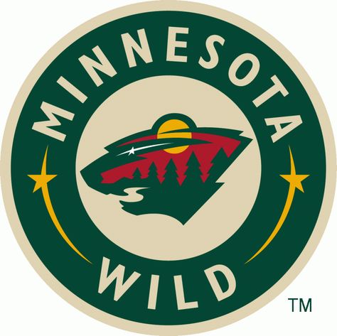 Minnesota Wild Logo - The head of a black bear created using Minnesota-area scenery, green pine trees, a wheat coloured river, a red sky, yellow sun set and white shooting star inside a green and wheat circle featuring the team name.  Worn on the front of the Minnesota Wild alternate jersey which was ultimately promoted to home jersey (SportsLogos.Net) Minnesota Wild Hockey, Fantasy Hockey, Wild Hockey, Wild Logo, Hockey Logos, Nhl Logos, Minnesota Wild, Hockey Team, Circle Logos