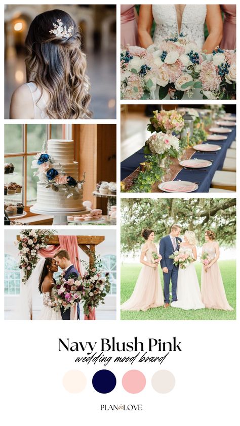 Sage Green Navy Blue Blush Pink Wedding Cake, Navy And Pink Rustic Wedding, Pink And Navy Wedding Decorations, Navy Blue And Blush Pink Wedding Theme, Navy And Light Pink Wedding, Navy Blue And Blush Pink Wedding, Pink Wedding Mood Board, Navy Champagne Wedding, Royal Wedding Colors