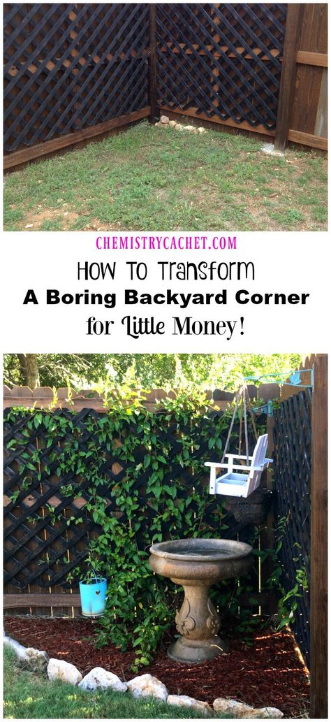 How To Transform A Boring Backyard Corner for LITTLE money! Turn any corner of your yard into a pretty little garden! on chemistrycachet.com Backyard Corner, Furniture Top View, Corner Landscaping, Corner Garden, Easy Backyard, Small Backyard Gardens, Backyard Fences, Backyard Garden Design, Olive Garden