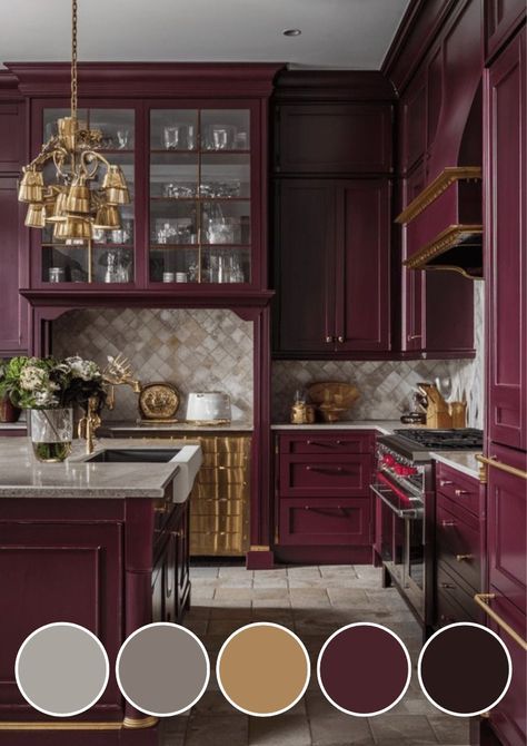 Jewel Tone Kitchen Ideas, Red And Purple Interior Design, Magenta Cabinets Kitchen, Dark Plum Wall Color, Burgundy Kitchen Ideas, Red Appliances In Kitchen, Plum Cabinets Kitchen, Wine Colored Cabinets, Wine Colored Kitchen Cabinets