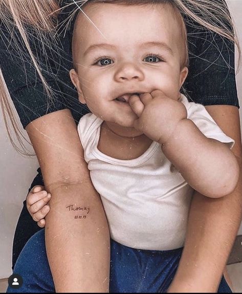 Kids Initial Tattoos, Small Name Tattoo, Forearm Name Tattoos, Name Tattoos For Moms, Baby Name Tattoos, Kid Name Tattoo, Mom Tattoo Designs, Tattoos With Kids Names, Handpoke Tattoo