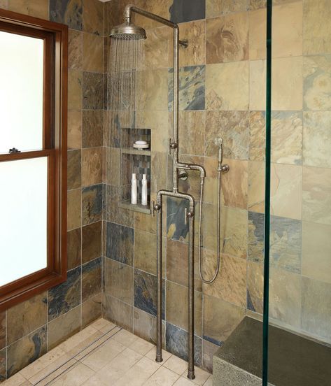 Exposed Shower Plumbing On Glass Wall, Exposed Shower Plumbing, Rustic Faucets, Exposed Plumbing, Shower Plumbing, Small Showers, Shower Fixtures, Shower Units, Shower Remodel