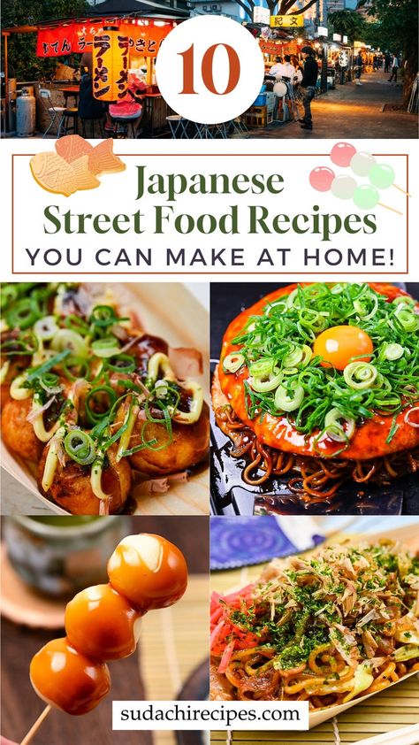 An image of a Japanese food festival with pictures of popular street foods below including takoyaki octopus balls, okonomiyaki savory pancake, dango rice dumplings and yakisoba fried noodles Fried Octopus, Japanese Street Food Recipes, Street Food Recipes, Japan Street Food, Tasty Appetizers, Octopus Balls, Easy Japanese Recipes, Japanese Street Food, Asian Street Food