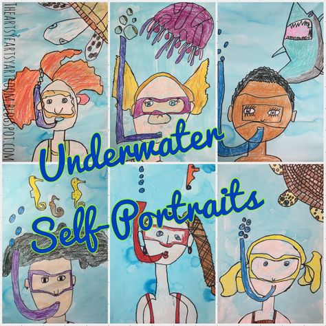 2nd Grade Underwater Self-Portraits (2015) Painting Lesson Plans, Third Grade Art, First Grade Art, Summer Art Projects, 2nd Grade Art, 4th Grade Art, 5th Grade Art, 3rd Grade Art, Classroom Art Projects