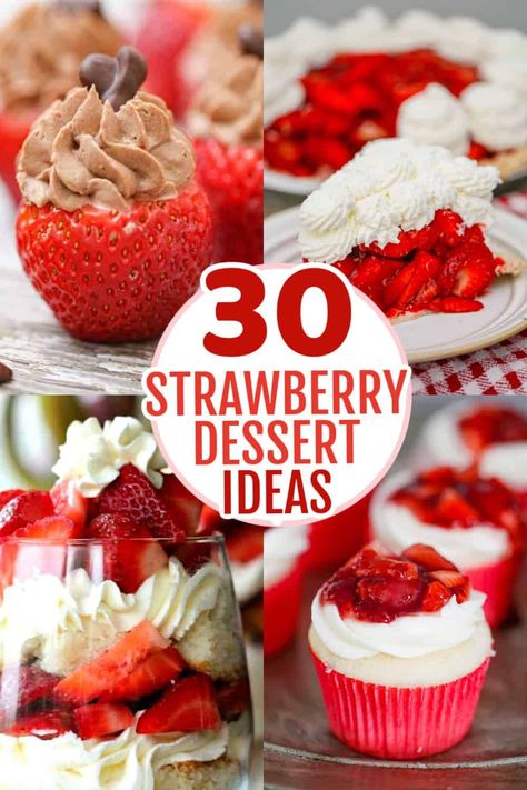 30 Irresistible Strawberry Desserts, perfect for every special occasion. These strawberry recipes are perfect when you want to use up or have some leftover strawberries and need some clever inspiration how to use them, like this No Bake Strawberry Cream Layered Dessert, this Classic Copycat Shoney’s Strawberry Pie and these Easy Chocolate Covered Strawberry Brownies! Easy Dessert Recipes With Strawberries, Simple Strawberry Recipes, Things To Bake With Strawberries, Strawberry Shortcake Chocolate Covered Strawberries, Desserts With Strawberries Easy, Simple Strawberry Dessert, Strawberry Chocolate Dessert, Desserts With Strawberries, Chocolate Breakfast Muffins