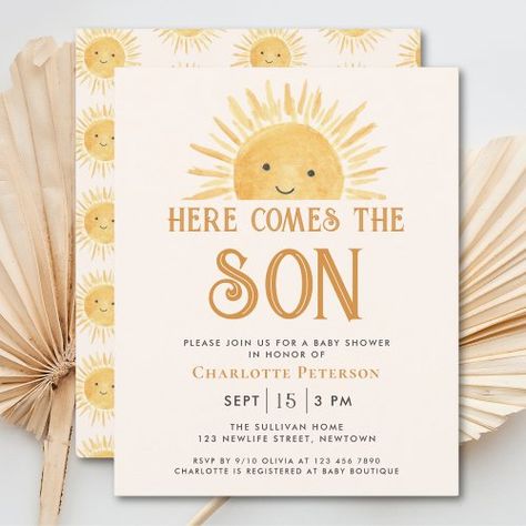 $1.28 | Budget Here Comes The Son Baby Shower Invitation | Baby Shower Invitations | budget sunshine baby shower, here comes the son, baby boy, smiling sun, sunshine, boho, watercolor, stylish typography, yellow cream, here comes the sun Jordan Baby Shower, Sunshine Baby Shower Invitations, Baby Boy Sprinkle, Here Comes The Son, Sunshine Baby Shower, Unique Baby Shower Invites, Sunshine Baby Showers, Baby Shower Theme Decorations, Yellow Sunshine