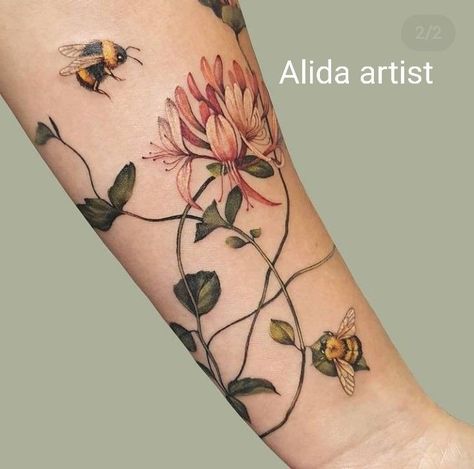 Lacy Arm Tattoo, Bee Tattoos With Flowers, Flower With Bee Tattoo, Flowers And Bees Tattoo, Honey Suckle Tattoo Simple, Flower Bee Tattoo, Bee Tattoo Sleeve, Feminine Tattoo Sleeves Flowers, Bee Sleeve Tattoo