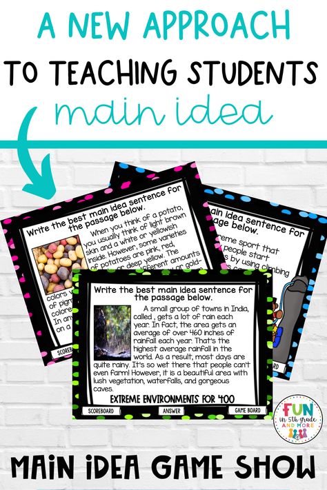 Are you looking for new ways to teach main idea to your upper elementary students? These main idea strategies are a fun way to help students identify the main idea. In this post, I share two main idea activities. Students can play a main idea game show which is a fun whole class game to practice the main idea. Students get to read a comprehension passage and then answer main idea questions. It is a ton of fun and can be played during readers workshop, Daily 5 or as an early finishers activity. Main Idea Games, Main Idea Lessons, Text Feature Anchor Chart, Main Idea Anchor Chart, Main Idea Activities, Upper Elementary Activities, Teaching Nonfiction, Teaching Main Idea, Esl Teaching Resources