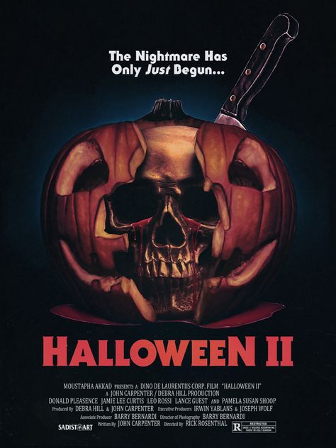 Halloween II (1981): Taking place on the same night of 1978s Halloween, the relentless serial killer, Michael Myers follows Laurie Strode to the hospital. Halloween 2 1981, American Horror Movie, Fright Rags, Donald Pleasence, John Barry, Halloween Iii, Halloween Film, The Boogeyman, Halloween Ii