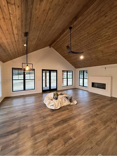 Shop House Inside, Barndominium Tall Ceilings, Open Concept Kitchen Living Room Cathedral Ceiling, Small Barndominium Living Room, Living Room Ideas Barndominium, Living Rooms With Wood Ceilings, Small Barndo Interior, Affordable Homes To Build, Barndominium Vaulted Ceiling