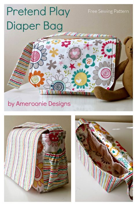 Fabric Pretend Play Diaper Bag Free Sewing Pattern | Fabric Art DIY Baby Doll Diaper Bag Pattern Free, Doll Diaper Bag Pattern Free, Pouch Pattern Free, Diaper Bag Pattern Free, Diaper Bag Sewing Pattern, Diy Diaper Bag, Baby Doll Diaper Bag, Baby Sewing Patterns Free, Bitty Baby Clothes