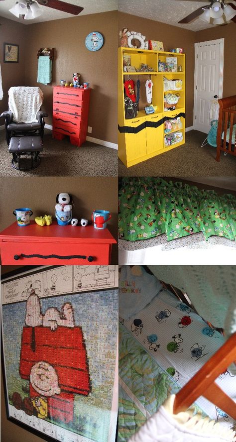 Peanuts Themed Nursery!  (I think a few of these could be adapted to classroom furniture.) Charlie Brown Classroom, Snoopy Nursery, Snoopy Classroom, Peanuts Nursery, Brown Nursery, Snoopy Party, Baby Snoopy, Peanuts Charlie Brown, Peanuts Cartoon