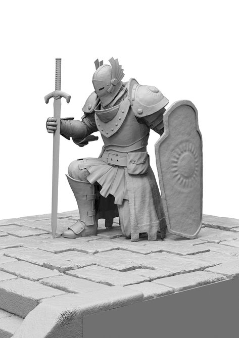 3D Knight concept Knight Sitting, Knight Poses, Stone Knight, Knight Kneeling, Kneeling Knight, Atelier Decor, Knight Statue, Dnd Locations, Knight Models