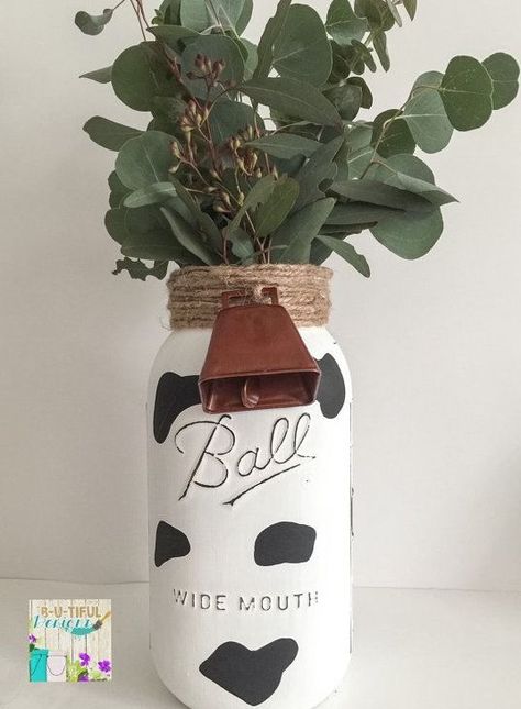 Cow Print Kitchen, Farm Kitchen Ideas, Half Gallon Mason Jars, Farm Kitchen Decor, Gallon Mason Jars, Cow Kitchen Decor, Cow Birthday Parties, Farm Themed Party, Cow Kitchen