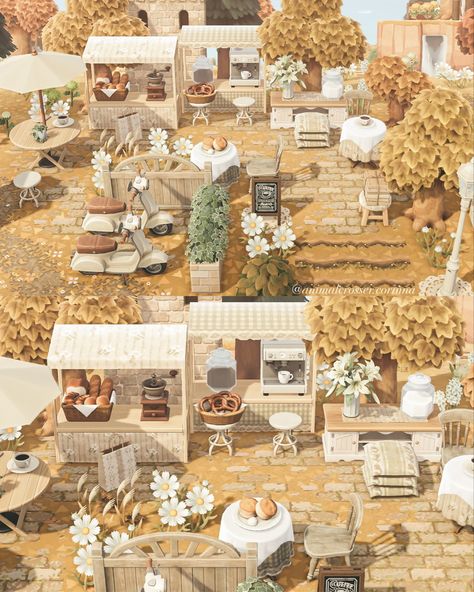 Animal Crossing Outdoor Cafe, Animal Crossing Coffee, Acnh Springcore, Acnh Layout, Cottage Core Animal Crossing, Animal Crossing Cafe, Spring Cafe, Autumn Animal, Town Inspiration