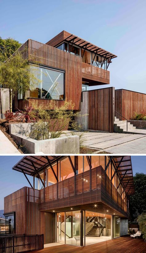 This modern house is located on a narrow hillside site, and was built using a concrete and steel structural frame with Ipe wood screens, which also assist in cooling the house passively with ocean breezes. #ModernHouse #Architecture #WoodScreen Modern Wood House, Danish Architecture, Ipe Wood, Wood Screens, Wood Architecture, American Architecture, Contemporary Homes, Structure Architecture, Architecture Studio