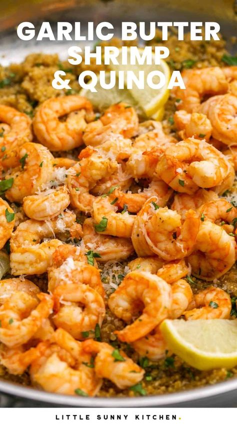 Garlic Butter Shrimp and Quinoa is a low-effort meal that everyone will love! Make it in 30 minutes with a few simple, healthy ingredients. Dinner Meal Prep Shrimp, Shrimp Recipes Quinoa, Seafood Quinoa Recipes, Oil Free Meals Clean Eating, Shrimp Recipes With Quinoa, Quinoa Recipes With Shrimp, Low Salt Shrimp Recipes, Meal Prep With Fish, Clean Eating Recipes Shrimp