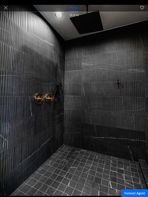 Black Shower With Gold Fixtures, Black Wet Room Bathroom, Black Tile Tub Surround, Shower Tile Surround, Tile Shower And Tub, Tile Shower Surround, Black Tile Bathroom, Black Shower Tile, Black Bathroom Design