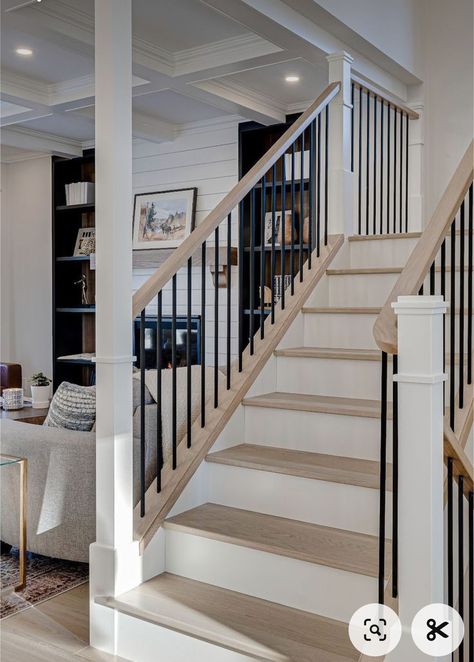 Metal And Wood Banister, Staining Stair Railing, Staircase With Post To Ceiling, Interior Wood Railing, Wood Railing With Metal Spindles, White Spindles Staircase, Traditional Iron Stair Railing, Modern Farmhouse Handrails For Stairs, Banister Spindles Ideas