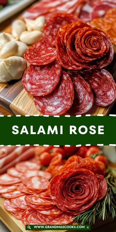 Take your entertaining to the next level with this Salami Rose Board! Beautifully arranged meats, cheeses, and more come together for an appetizer that’s as stylish as it is satisfying. Salami Roses Charcuterie, Salami Hors D’oeuvres, Salami On Charcuterie Board, Salami Appetizers, Meat Roses, Salami Appetizer, Salami Rose, Rose Wine Glass, Appetizer Table