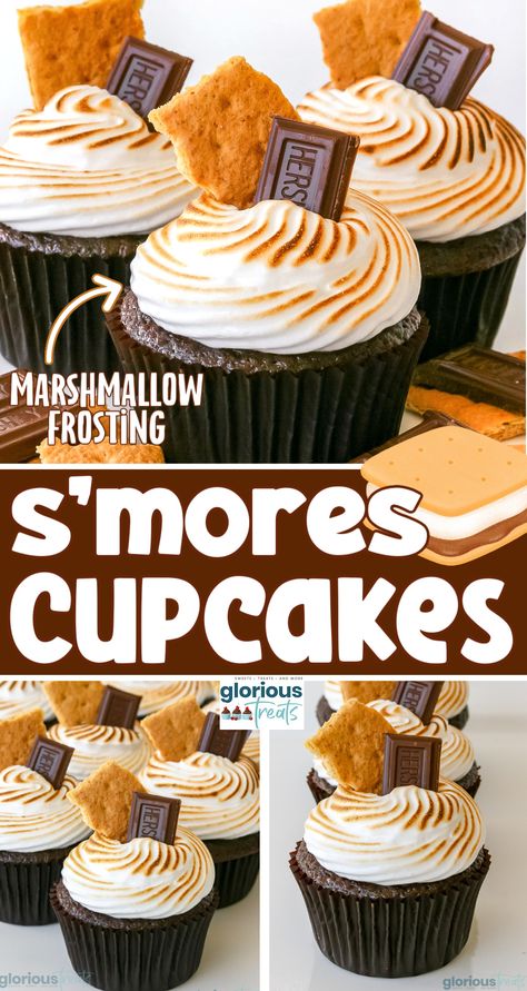 This amazing S’mores Cupcake recipe delivers all the flavors of classic s'mores in a moist and decadent cupcake! These smores cupcakes give you all that awesome campfire flavor without the mess. Sure to be a hit at all your parties this summer! | GloriousTreats.com S'mores Cupcakes Marshmallow Frosting, Chocolate Smores Cupcakes, Smores Cupcakes Marshmallow Filled, Cupcake Recipes Smores, Mini Smores Cupcakes, Campfire Cupcakes Camping Birthday, Smore Cupcakes Recipe, S’mores Cupcakes With Marshmallow Frosting, S’more Cake Recipe