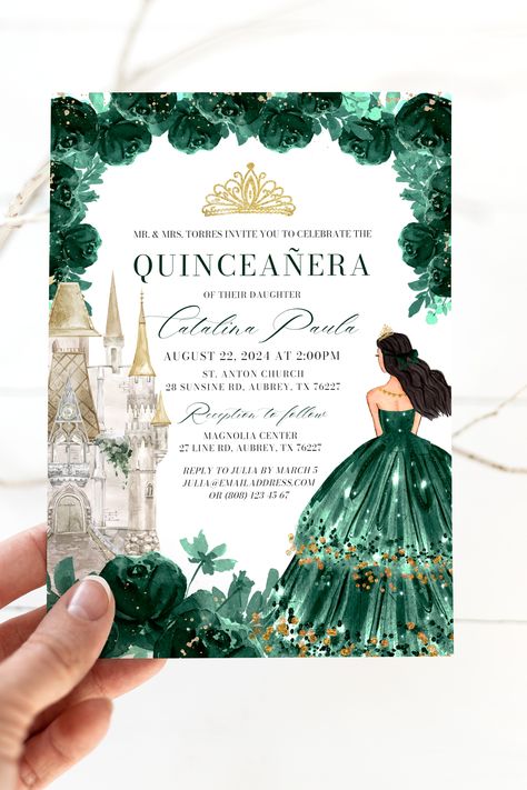 Emerald Green Floral Quinceanera Invitation, Castle Princess Quinceanera Invite, Mis Quince 15 Anos 15th birthday Green Gold Quinceañera Emerald Quinceanera, Tiana Quince, Debut Themes, Green Quinceanera Theme, Quinceañera Invitations, Quinceanera Theme, Invitations Quinceanera, Quince Invitations, Green Invitations