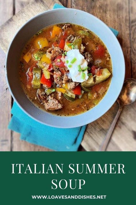 Fresh garden vegetables and a spicy earthy Italian sausage in a light broth make this Italian summer soup one in a million. Prepped in minutes and you have the best summer crockpot recipe on the menu! #fresh #garden #italiansausage #soup #summer Soup Summer, Summer Soup Recipes, Summer Crockpot, Summer Crockpot Recipes, Sausage Soup Recipes, Italian Sausage Soup, Easy Crockpot Dinners, Summer Soup, Ladies Jewellery