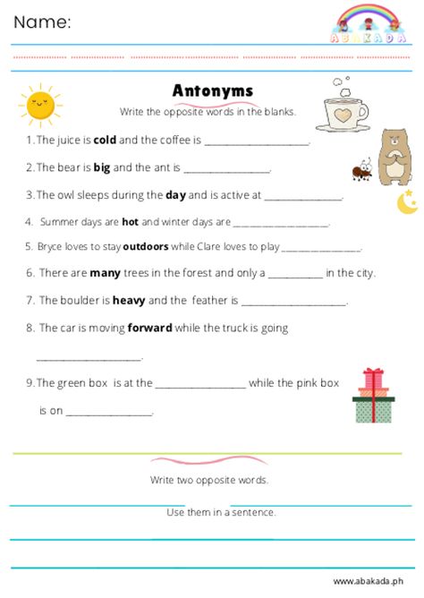 Antonyms Worksheet 1st Grade, Antonyms Worksheet 2nd Grade, Antonyms Sentences Worksheet, Antonyms For Grade 1, English For Grade 2 Worksheet, Opposites Worksheet For Grade 2, Opposite Worksheets Grade 1, Opposites Worksheet Grade 1, English Grade 2 Worksheets