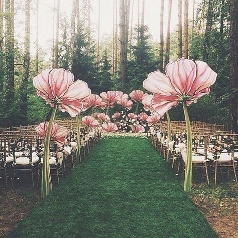 Alice In Wonderland Wedding, Alice In Wonderland Party, Giant Flowers, Wonderland Wedding, Whimsical Wedding, Wonderland Party, Garden Theme, Wedding Aisle, Outdoor Wedding Ceremony