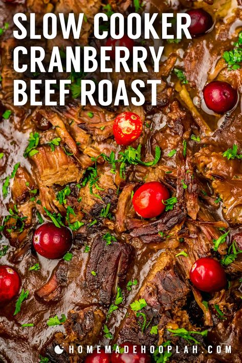 Slow Cooker Cranberry Beef Roast! This slow cooker cranberry beef roast is a tender and flavorful holiday dinner perfect for Thanksgiving or Christmas. Easy, festive, and crowd-pleasing! | HomemadeHooplah.com Best Beef Roast Crockpot Recipes, Cranberry Brisket, Roast Recipes Crockpot, Pot Roast Crockpot, Beef Roast Recipes, Roast Beef Crock Pot Recipes, Pinterest Food Recipes, Roast Crockpot, Crockpot Roast Recipes