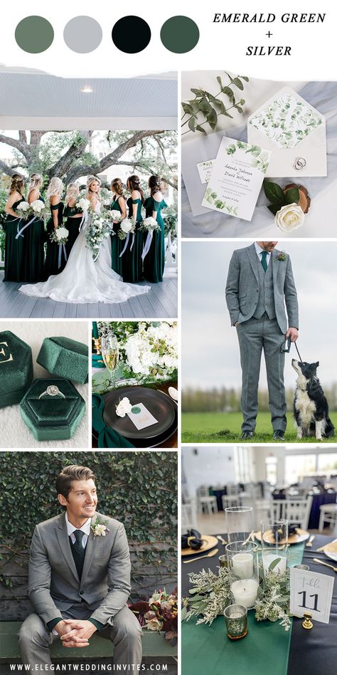 Wedding Color Schemes Green, Emerald Wedding Colors, Wedding Color Schemes Winter, Emerald Green Wedding Theme, Grey Wedding Theme, Silver Wedding Theme, Elegant Wedding Colors, Forest Green Wedding, Wedding Theme Color Schemes